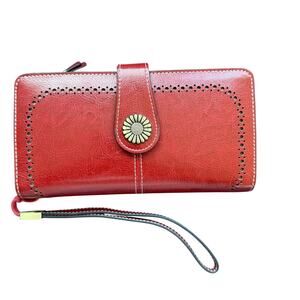 Women’s Red Faux Leather Zip Around Wallet Wristlet Snap Western Boho Clutch
